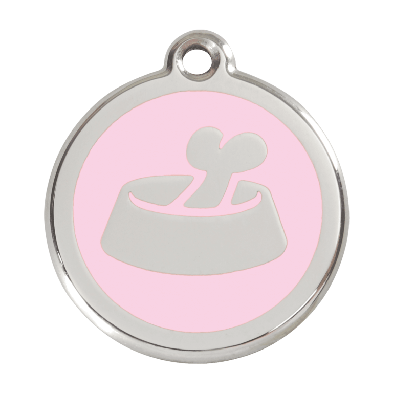Vue avant - Médaille personnalisée pour chien Red Dingo Émail et acier inoxydable - Os rose - Size L - 01-BB-PK-LG