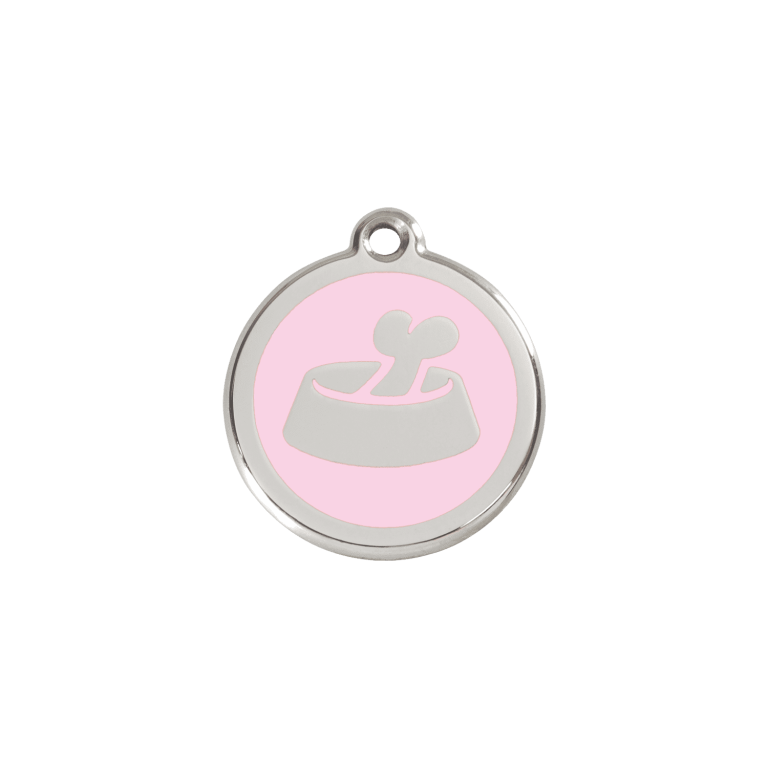 Vue avant - Médaille personnalisable pour chat ou petit chien - Red Dingo Émail et acier inoxydable - Os rose - Size S