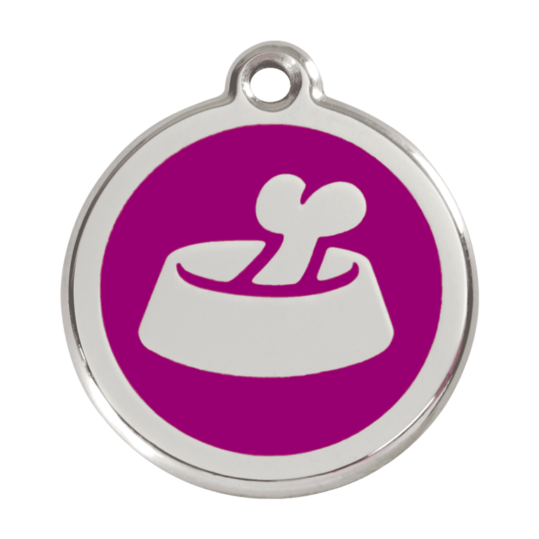 Vue avant - Médaille personnalisable pour chien en acier inoxydable - Os dans un bol violet - Red Dingo