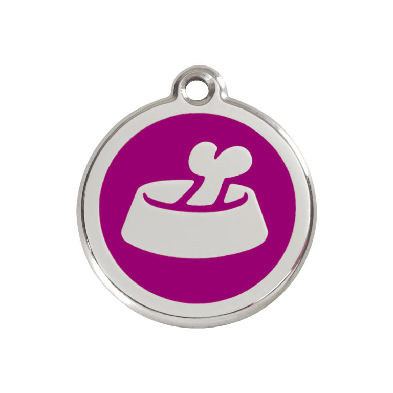 Vue avant - Médaille personnalisable pour chien ou chat - Red Dingo Émail et acier inoxydable Os dans un bol Violet - Size M