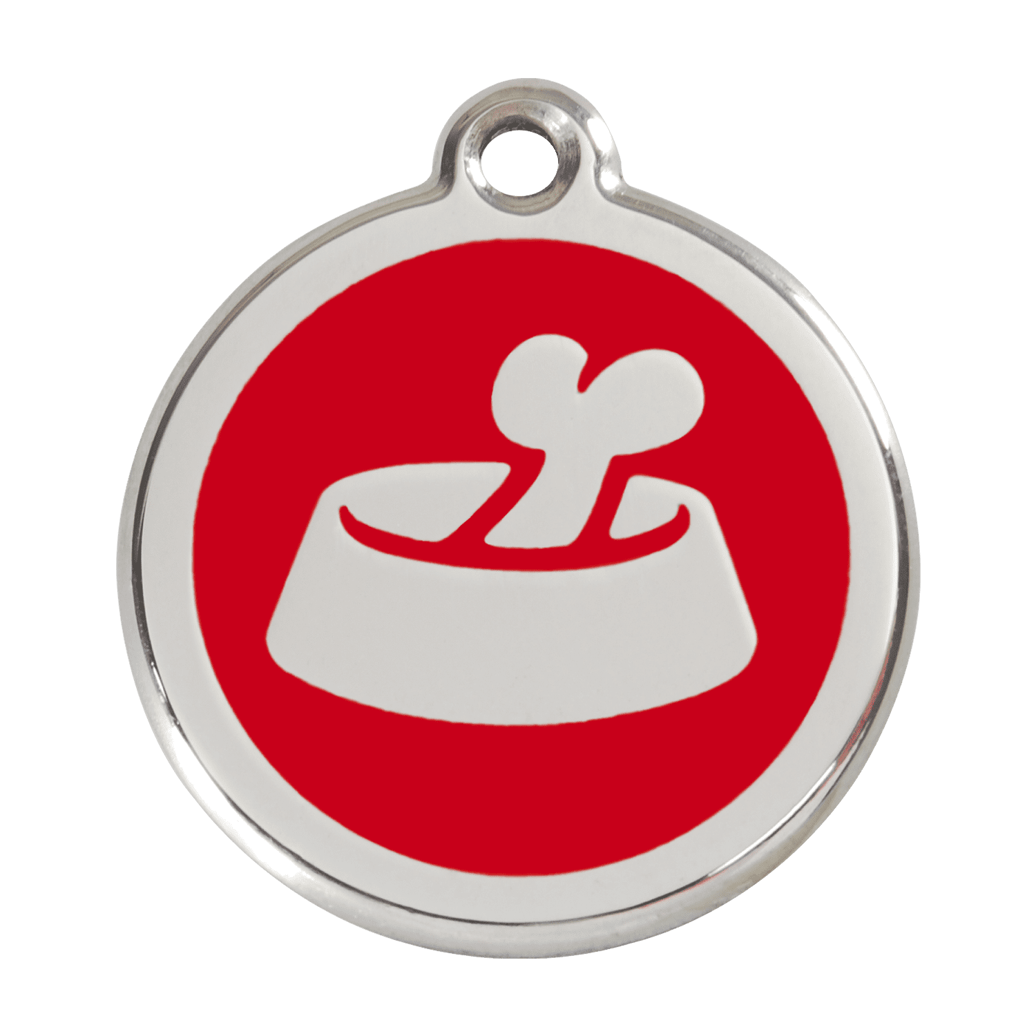 Vue avant - Médaille personnalisable pour chien en émail et acier inoxydable - Red Dingo - Os dans un bol - Rouge - Size L