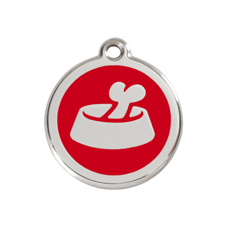 Vue avant - Médaille personnalisée pour chien Red Dingo Émail et acier inoxydable Os dans un bol - Rouge - Size M