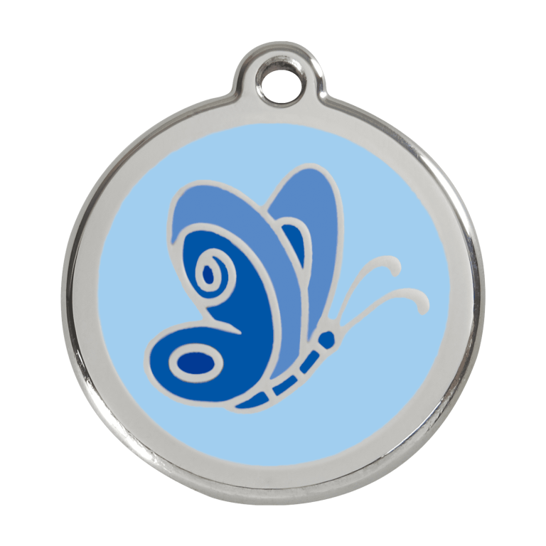 Vue avant - Médaille personnalisée pour chien Red Dingo Émail et acier inoxydable - Motif papillon - Bleu clair - Size L