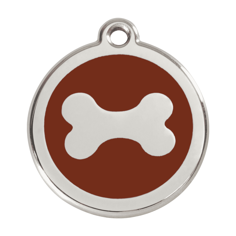 Vue avant - Médaille personnalisée pour chien Red Dingo en émail et acier inoxydable - Os brun - Size L