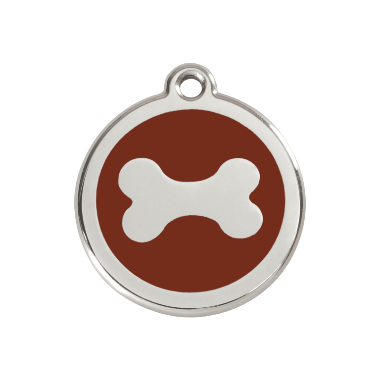 Vue avant - Médaille personnalisable pour chien Red Dingo en émail et acier inoxydable - Motif os brun - Size M