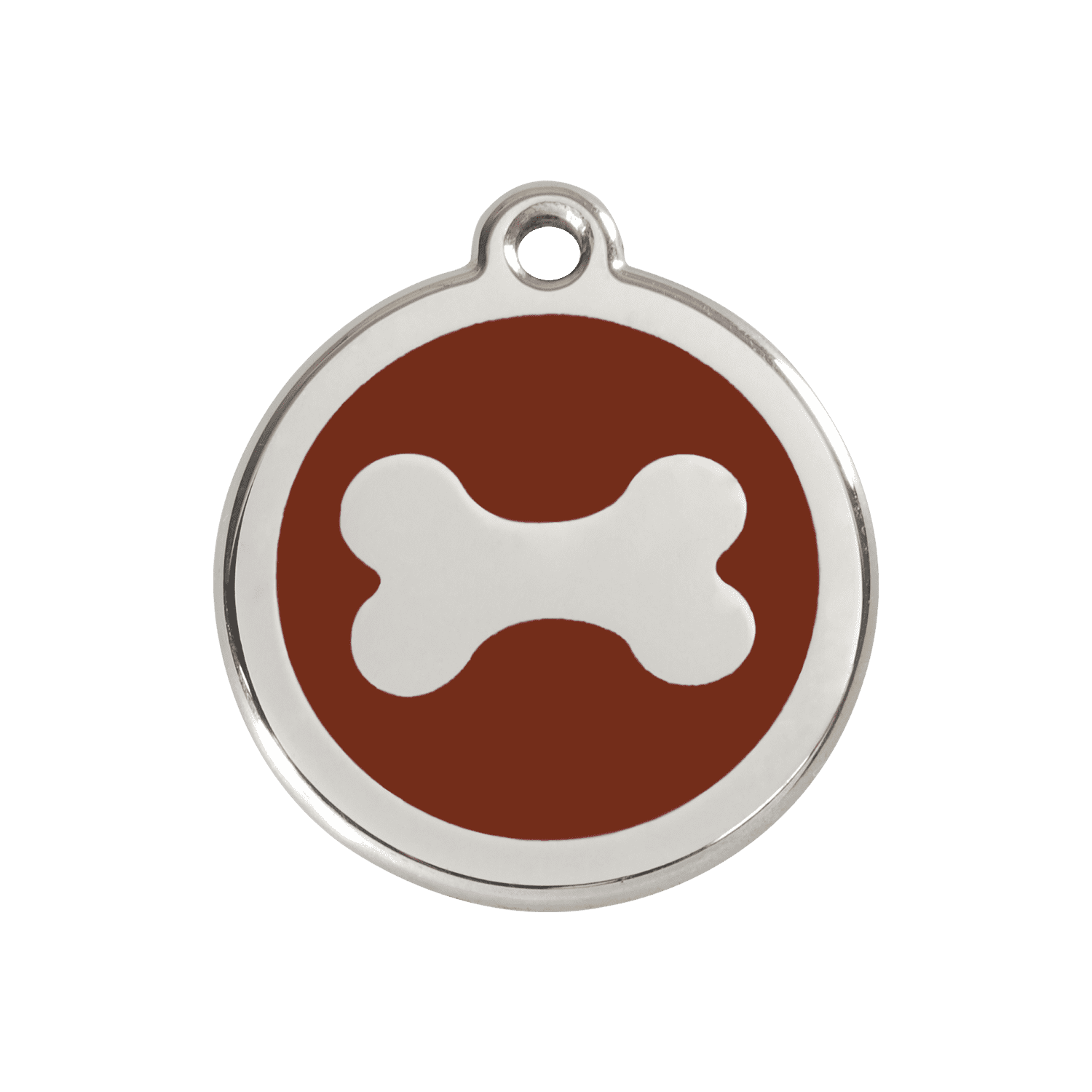 Vue avant - Médaille personnalisable pour chien Red Dingo en émail et acier inoxydable - Motif os brun - Size M
