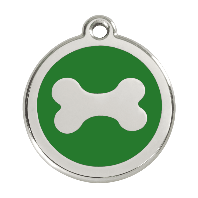 Vue avant - Médaille personnalisable pour chien en acier inoxydable - Os vert - Red Dingo - Size L