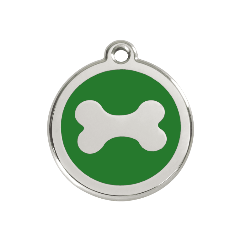 Vue avant - Médaille personnalisée pour chien Red Dingo en émail et acier inoxydable - Motif os vert - Size M