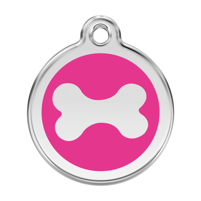 Vue avant - Médaille personnalisée pour chien Red Dingo Émail et acier inoxydable Os Rose vif - Size L