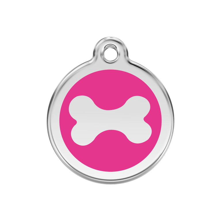 Vue avant - Médaille personnalisée pour chien Red Dingo Émail et acier inoxydable - Os rose vif - Size M 30.00mm