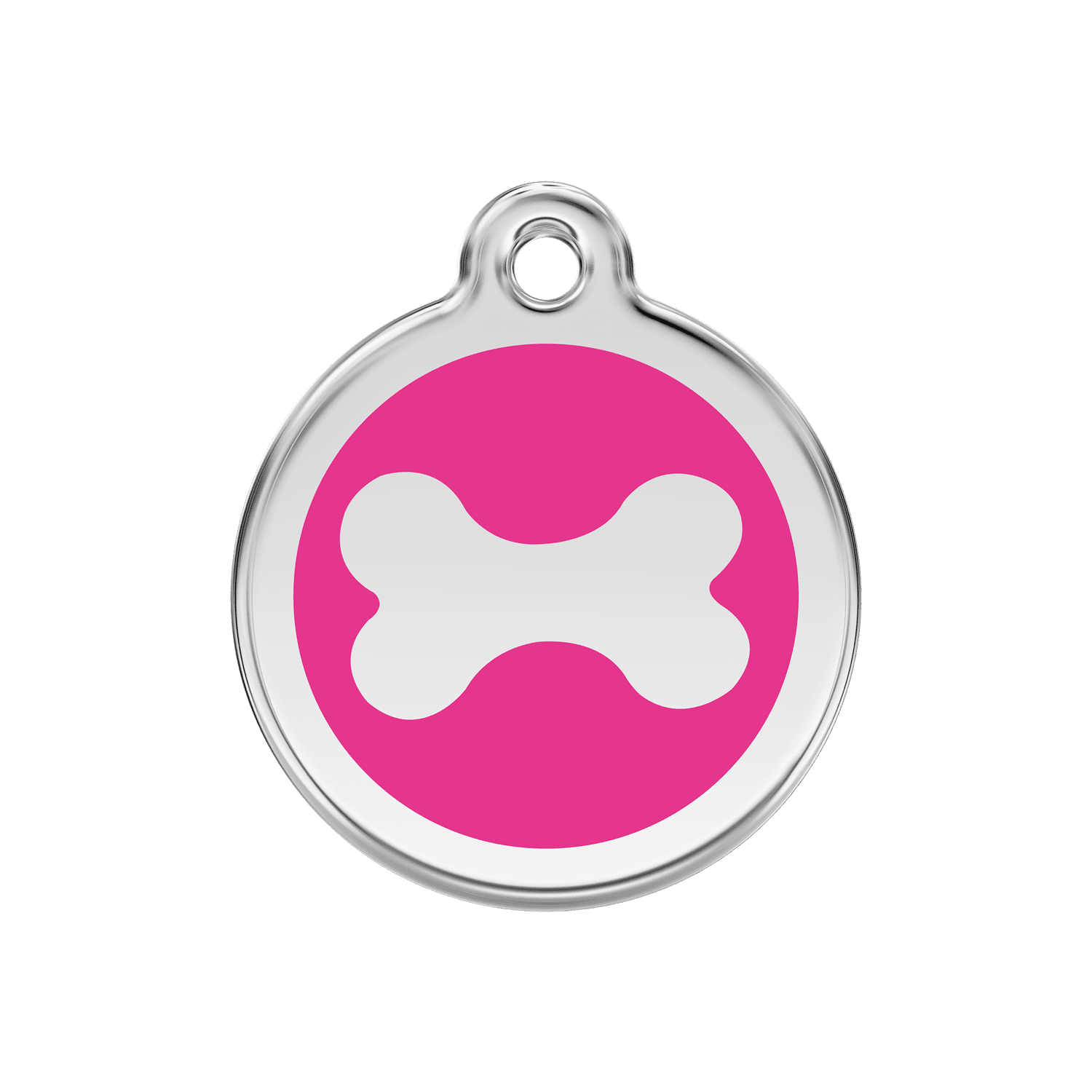 Vue avant - Médaille personnalisée pour chien Red Dingo Émail et acier inoxydable - Os rose vif - Size M 30.00mm