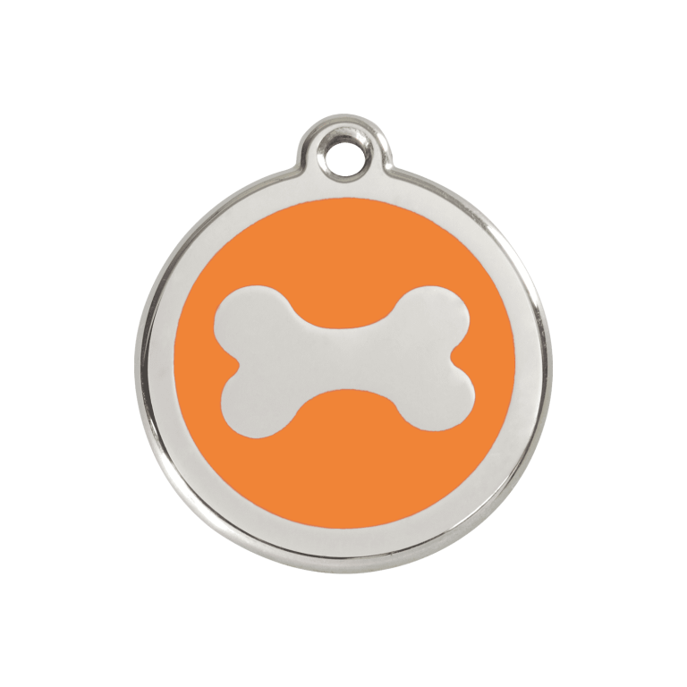 Vue avant - Médaille personnalisée pour chien en émail et acier inoxydable - Os orange - Red Dingo