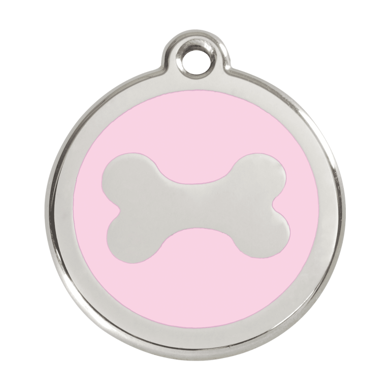 Vue avant - Médaille personnalisée pour chien Red Dingo, motif os rose en émail et acier inoxydable - Size L