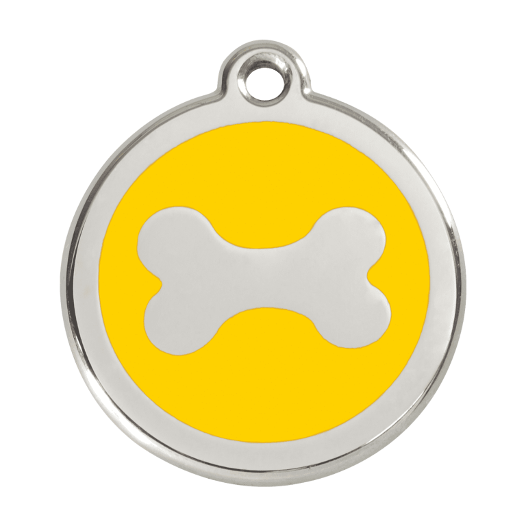 Vue avant - Médaille personnalisée pour chien en acier inoxydable jaune Red Dingo - Size L - Os - 01-BN-YE-LG