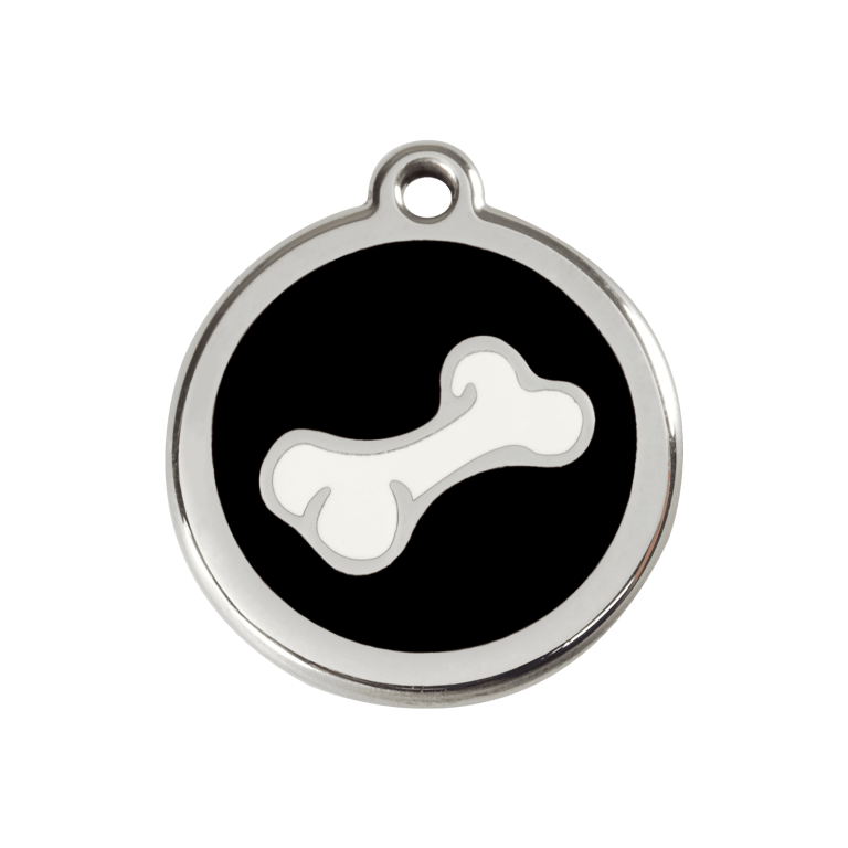 Vue avant - Médaille personnalisée pour chien Red Dingo Émail et acier inoxydable - Os noir - Size M