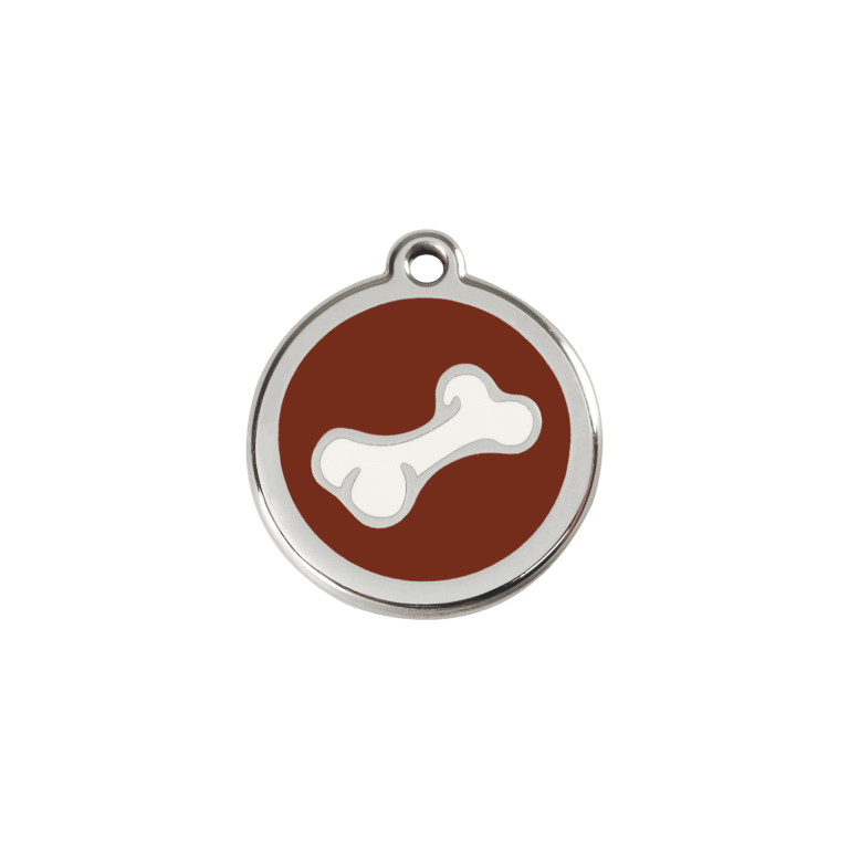 Vue avant - Médaille personnalisée pour chien/chat Red Dingo - Os brun en émail et acier inoxydable - Size S