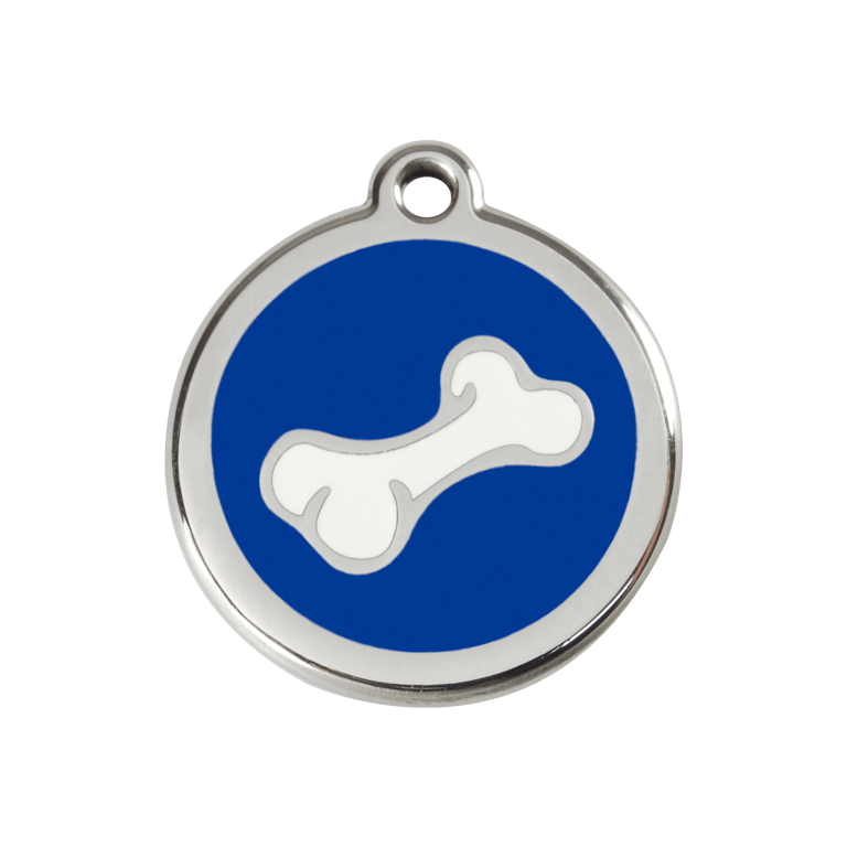 Vue avant - Médaille personnalisée pour chien en émail et acier inoxydable - Red Dingo - Os bleu foncé - Size M