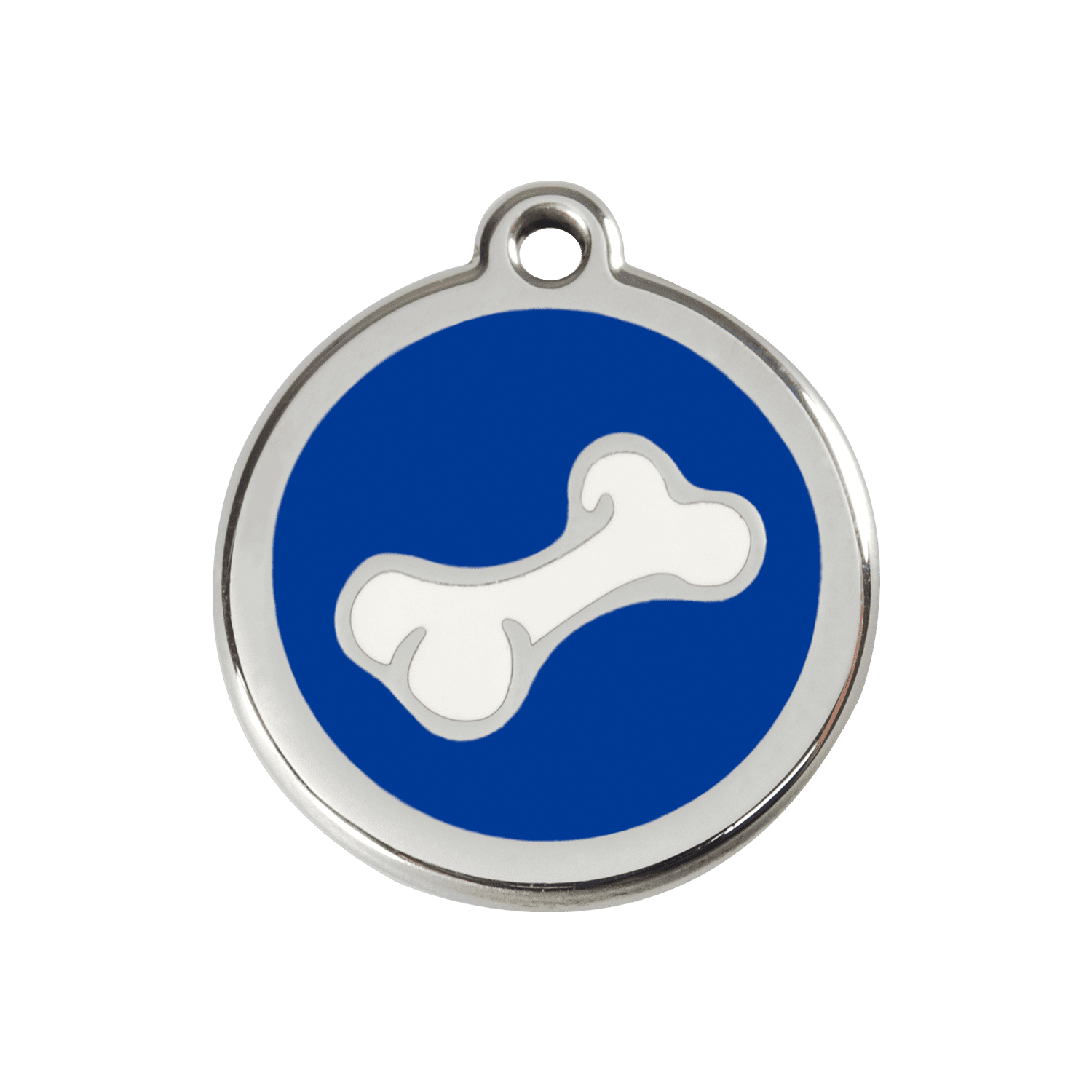 Vue avant - Médaille personnalisée pour chien en émail et acier inoxydable - Red Dingo - Os bleu foncé - Size M