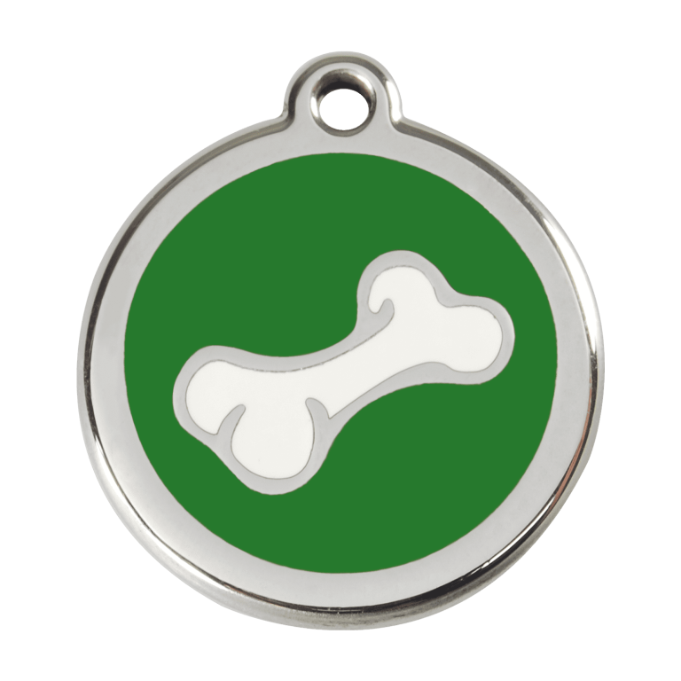 Vue avant - Médaille personnalisée pour chien en émail et acier inoxydable - Os vert - Red Dingo