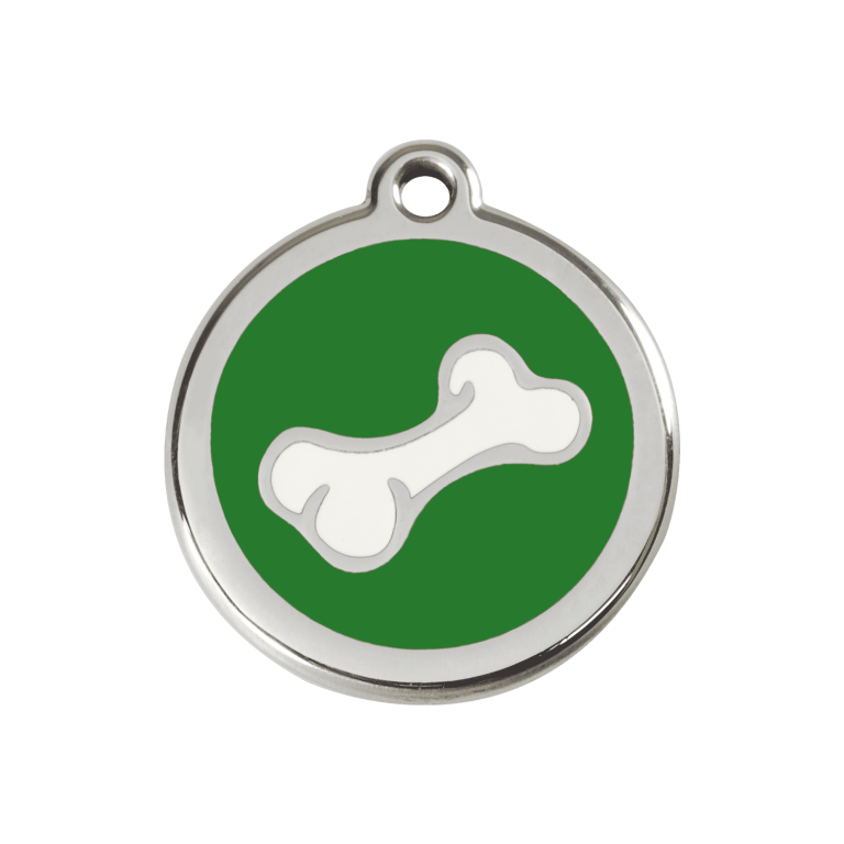 Vue avant - Médaille personnalisée pour chien Red Dingo - Os vert en émail et acier inoxydable - Size M