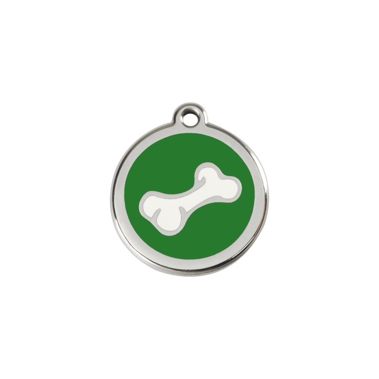 Vue avant - Médaille personnalisée pour chien/chat Red Dingo Émail et acier inoxydable - Os vert - Size S