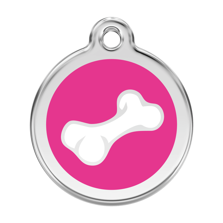 Vue avant - Médaille personnalisée pour chien en émail et acier inoxydable - Os rose vif - Red Dingo