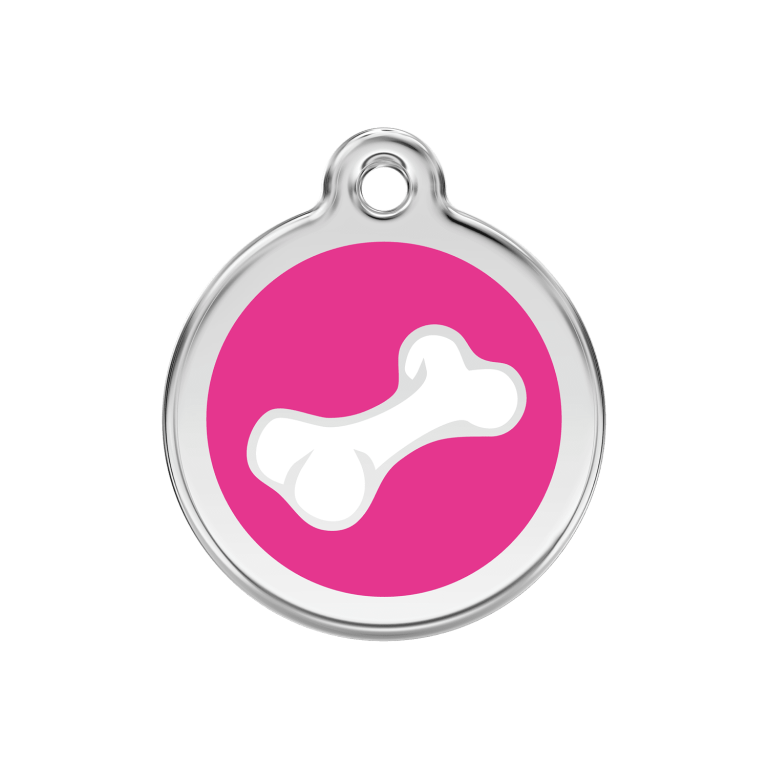 Vue avant - Médaille personnalisée pour chien Red Dingo Émail et acier inoxydable Os rose vif - Size M
