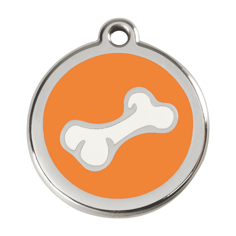 Vue avant - Médaille personnalisée pour chien Red Dingo en émail et acier inoxydable - Os orange - Size L