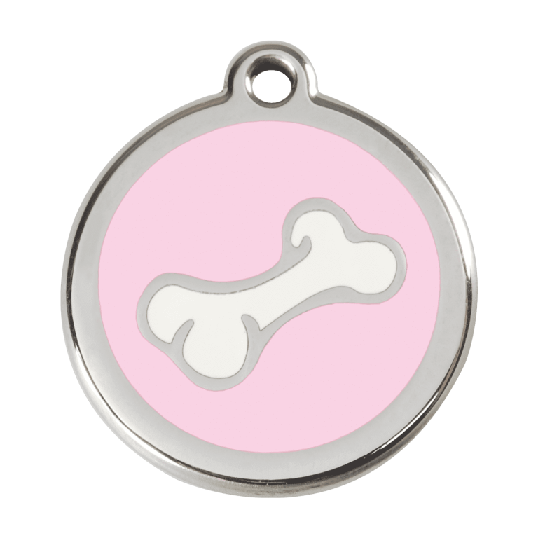 Vue avant - Médaille personnalisée pour chien Red Dingo Émail et acier inoxydable Os rose - Size L
