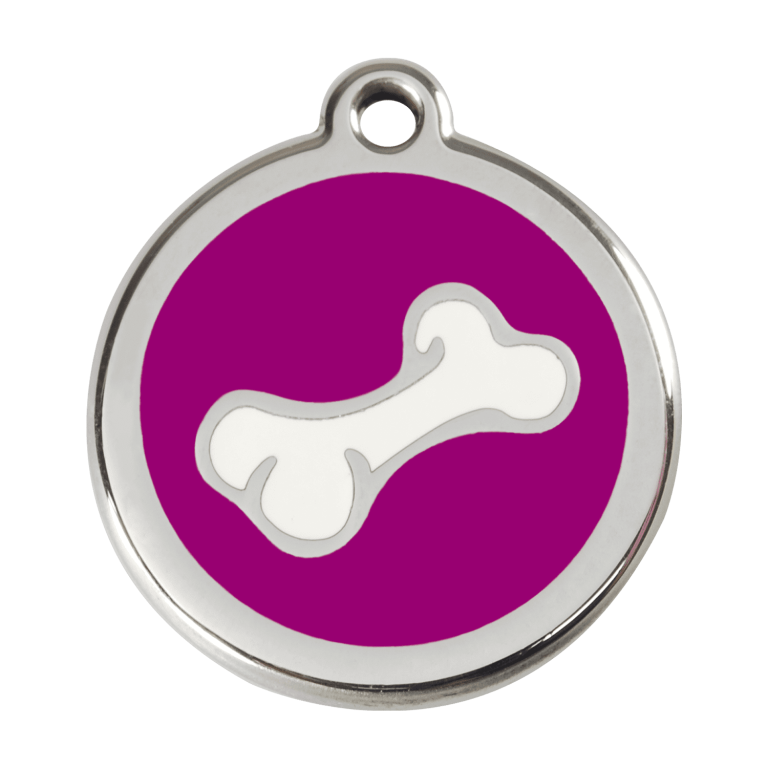 Vue avant - Médaille personnalisée pour chien - Red Dingo Émail et acier inoxydable - Os violet - Size L