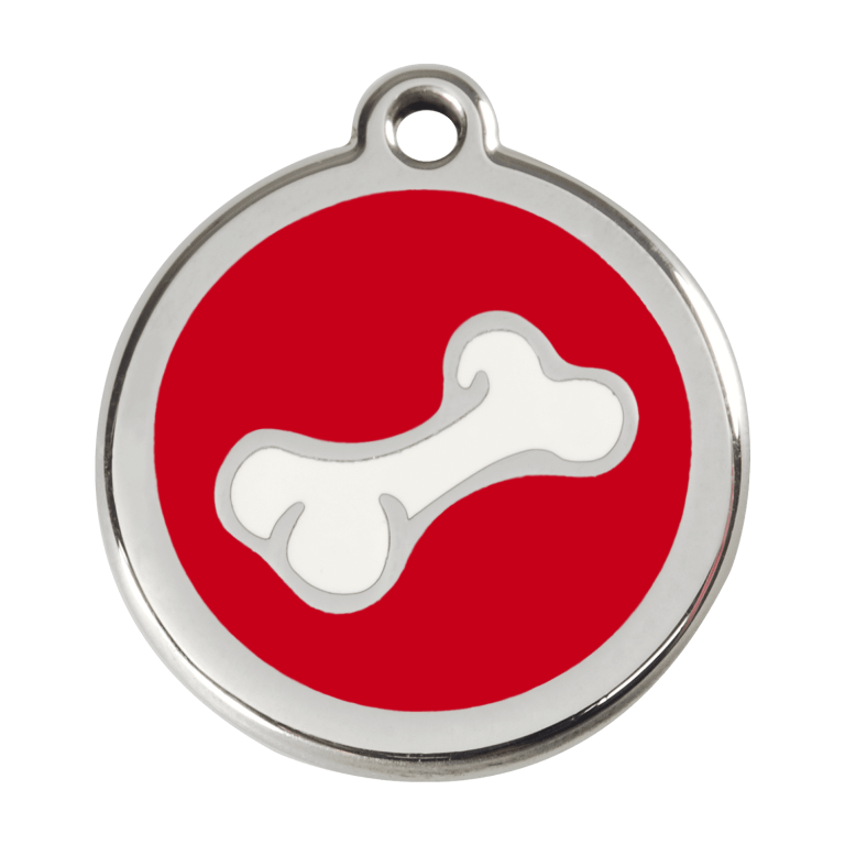 Vue avant - Médaille personnalisée pour chien Red Dingo en émail et acier inoxydable - Os rouge - Size L