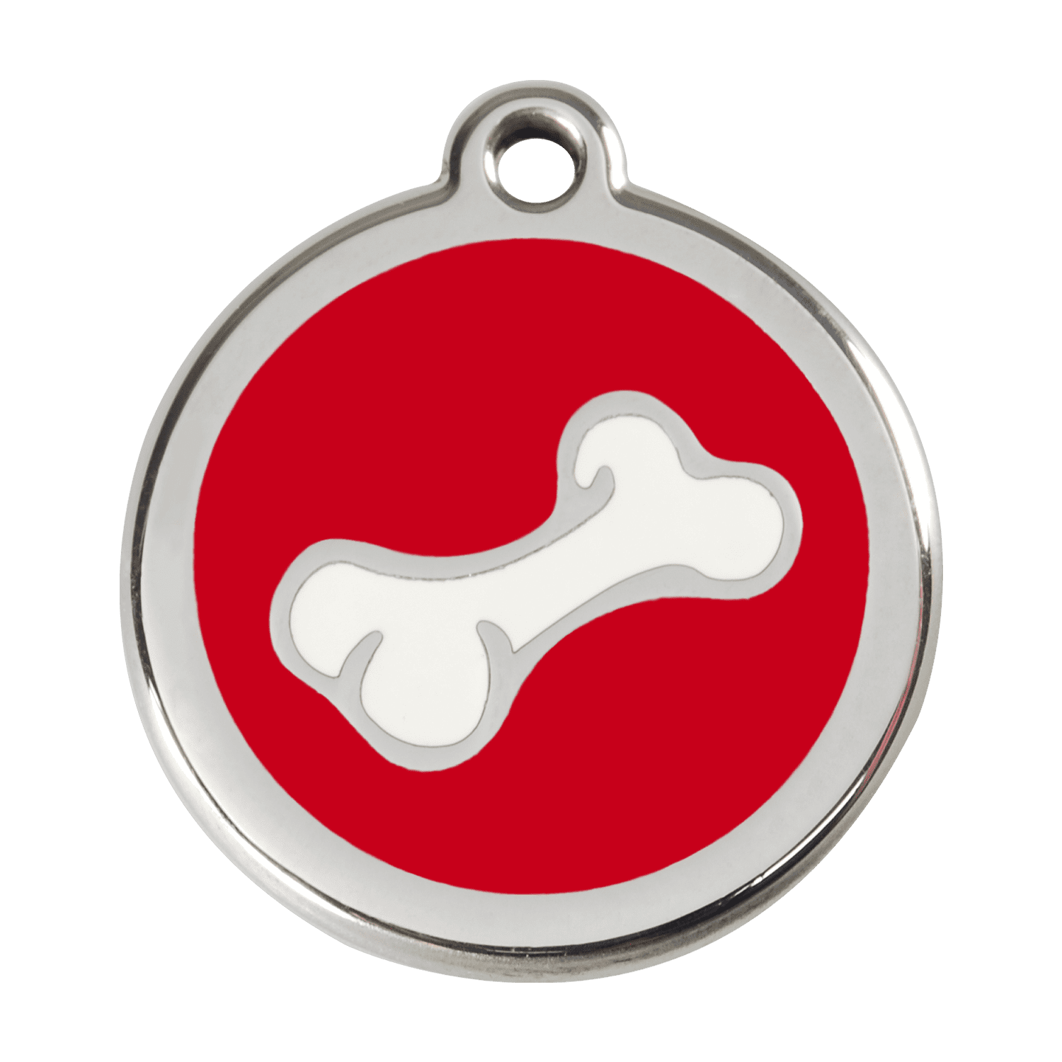 Vue avant - Médaille personnalisée pour chien Red Dingo en émail et acier inoxydable - Os rouge - Size L