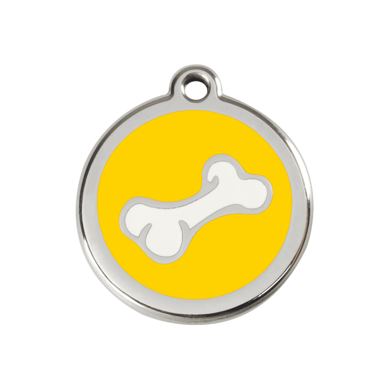 Vue avant - Médaille personnalisée pour chien ou chat - Red Dingo Émail et acier inoxydable - Motif os jaune - Size M
