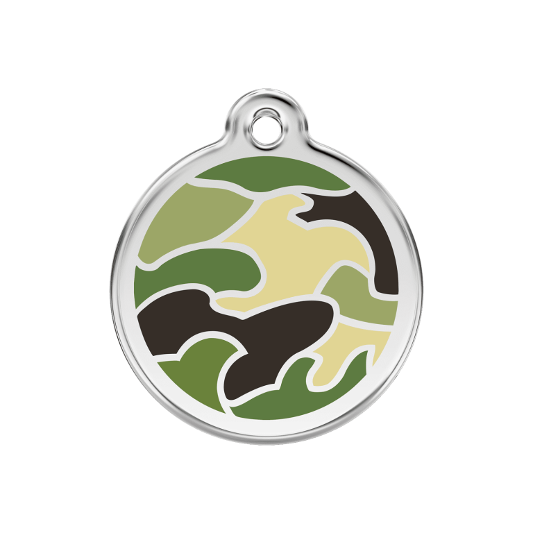Vue avant - Médaille personnalisée pour chien Red Dingo Émail et acier inoxydable motif camouflage vert - Size M