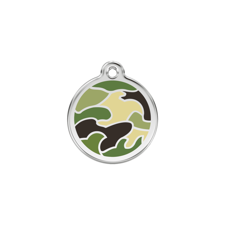Vue avant - Médaille personnalisée pour chien/chat Red Dingo Émail et acier inoxydable - Camouflage vert - Size S