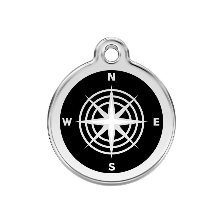Vue avant - Médaille personnalisée pour chien Red Dingo Émail et acier inoxydable - Motif boussole - Noir - Size M - 30mm