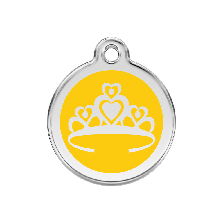 Vue avant - Médaille personnalisée pour chien ou chat - Red Dingo Émail et acier inoxydable - Couronne jaune - Size M