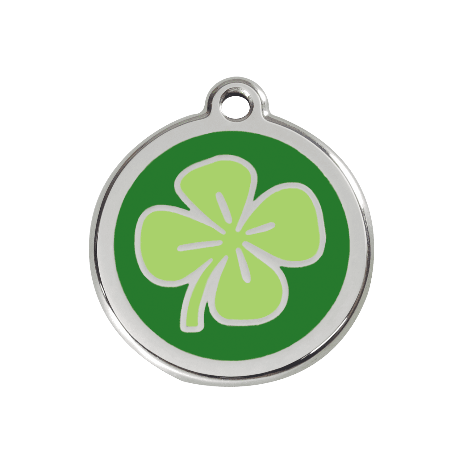 Vue avant - Médaille personnalisée pour chien/chat Red Dingo - Émail et acier inoxydable - Motif trèfle vert - Size M