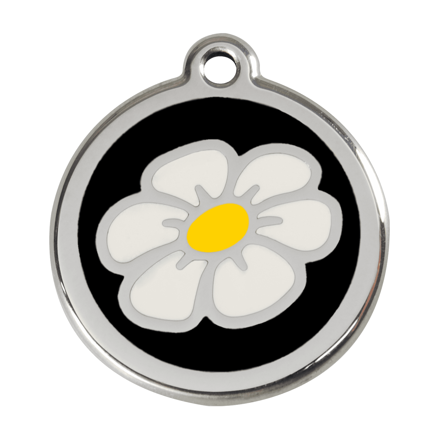 Vue avant - Médaille personnalisée pour chien - Red Dingo Émail et acier inoxydable - Motif Marguerite - Noir - Size L