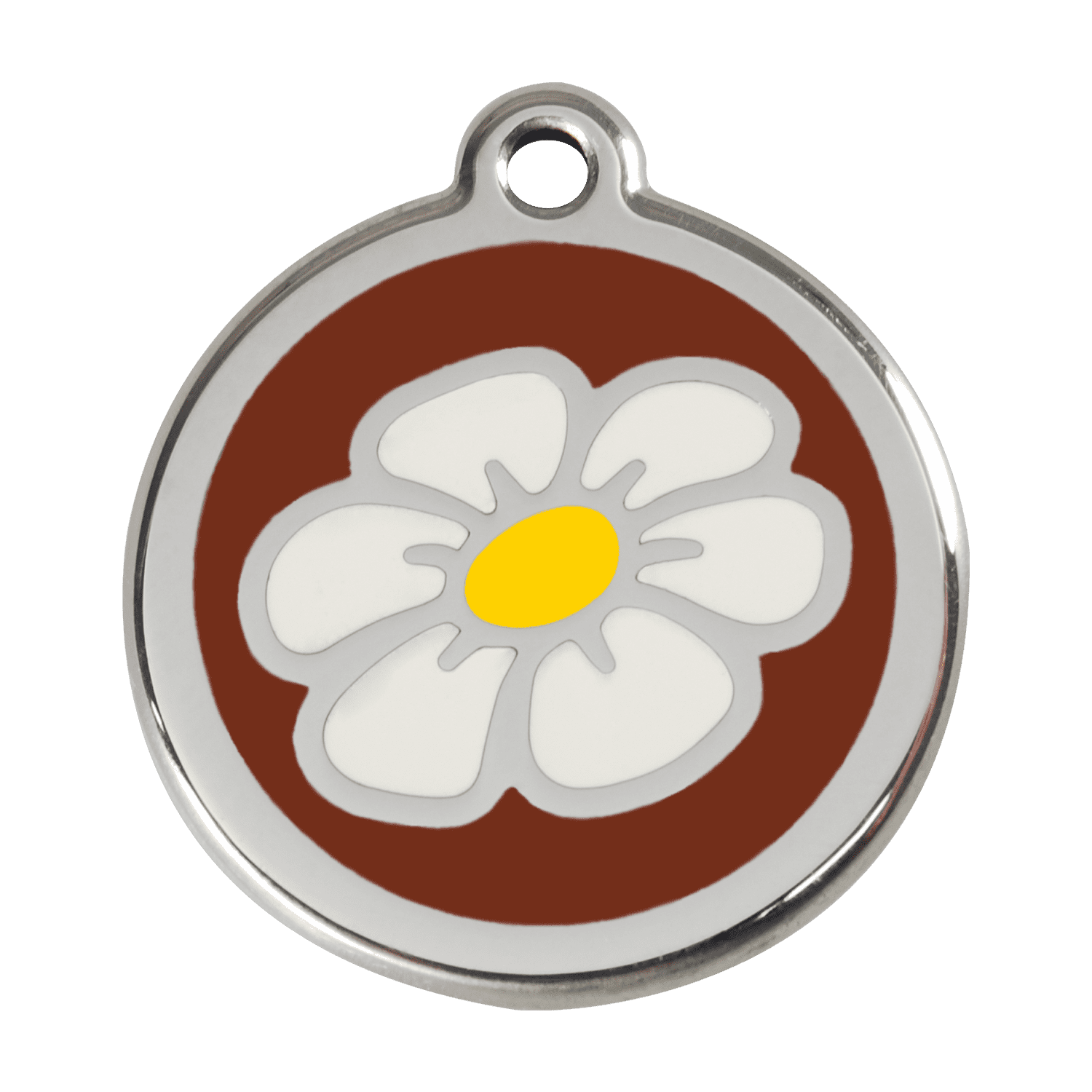 Vue avant - Médaille personnalisée pour chien Red Dingo Émail et acier inoxydable Marguerite Brun Size L