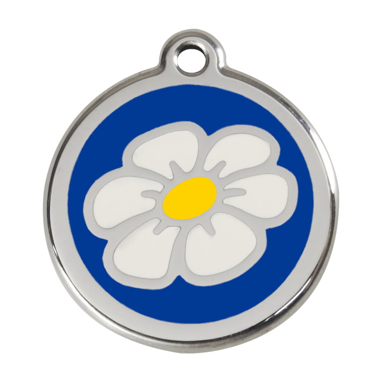 Vue avant - Médaille personnalisée pour chien - Red Dingo Émail et acier inoxydable Marguerite Bleu foncé - Size L