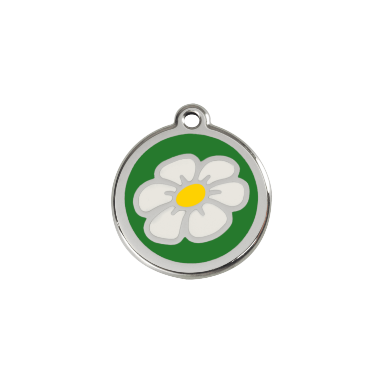 Vue avant - Médaille personnalisée pour chien/chat - Marguerite verte en émail et acier inoxydable - Red Dingo - Size S