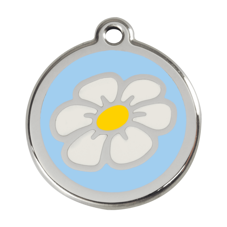 Vue avant - Médaille personnalisée pour chien Red Dingo Émail et acier inoxydable Marguerite Bleu clair - Size L