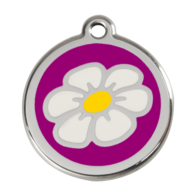 Vue avant - Médaille personnalisée pour chien Red Dingo Émail et acier inoxydable Marguerite Violet - Size L