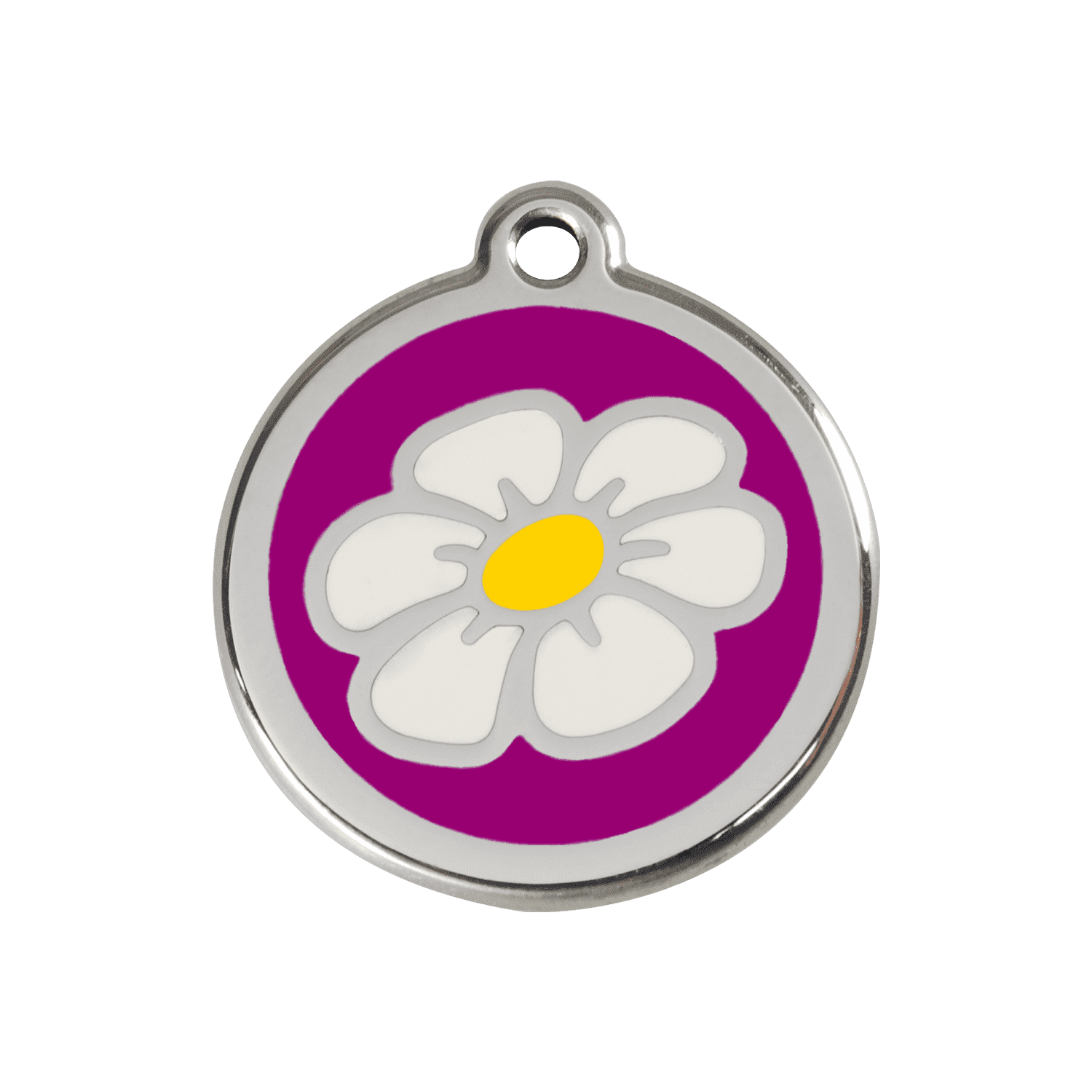 Vue avant - Médaille personnalisée pour chien ou chat - Red Dingo Émail et acier inoxydable Marguerite Violet - Size M