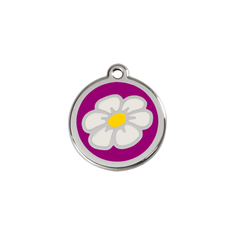 Vue avant - "Médaille personnalisée pour chat ou chien - Red Dingo Émail et acier inoxydable - Marguerite Violet - Size S"