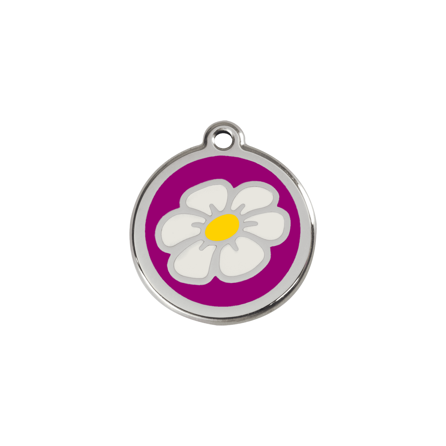 Vue avant - "Médaille personnalisée pour chat ou chien - Red Dingo Émail et acier inoxydable - Marguerite Violet - Size S"