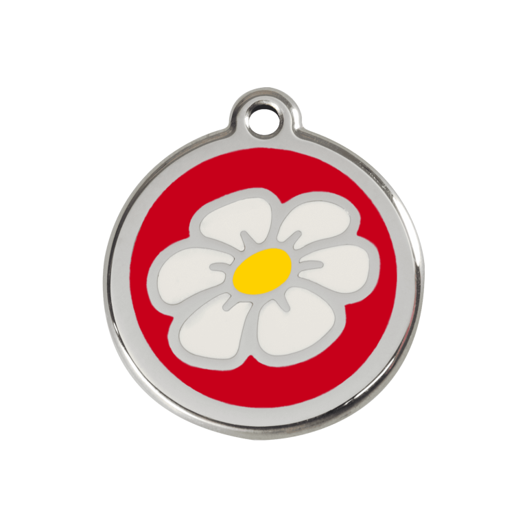 Vue avant - Médaille personnalisée pour chien ou chat - Red Dingo Émail et acier inoxydable Marguerite Rouge - Size M