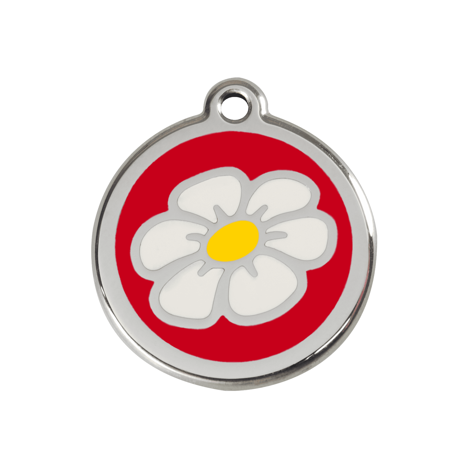 Vue avant - Médaille personnalisée pour chien ou chat - Red Dingo Émail et acier inoxydable Marguerite Rouge - Size M