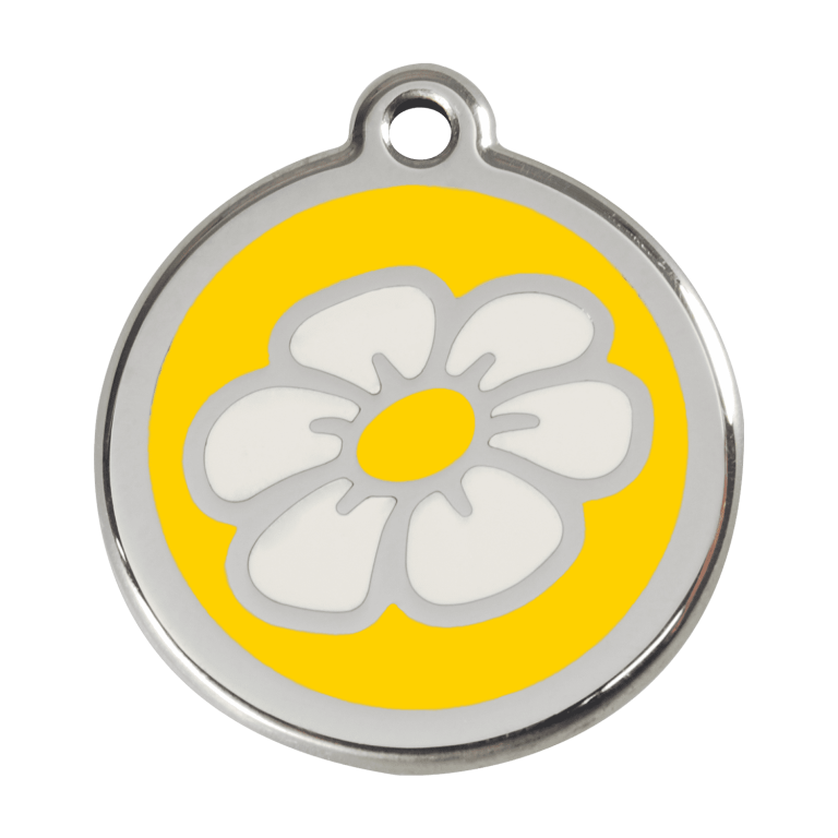 Vue avant - Médaille personnalisable Marguerite jaune en émail et acier inoxydable Red Dingo - Size L